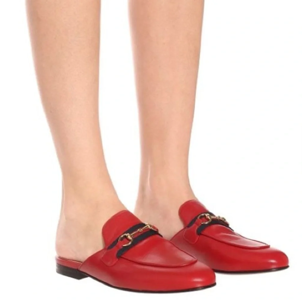 Gucci Princetown Mules in Hibiscus Red with Web Stripe Size 36.5 Size 6.5 - Picture 3 of 16